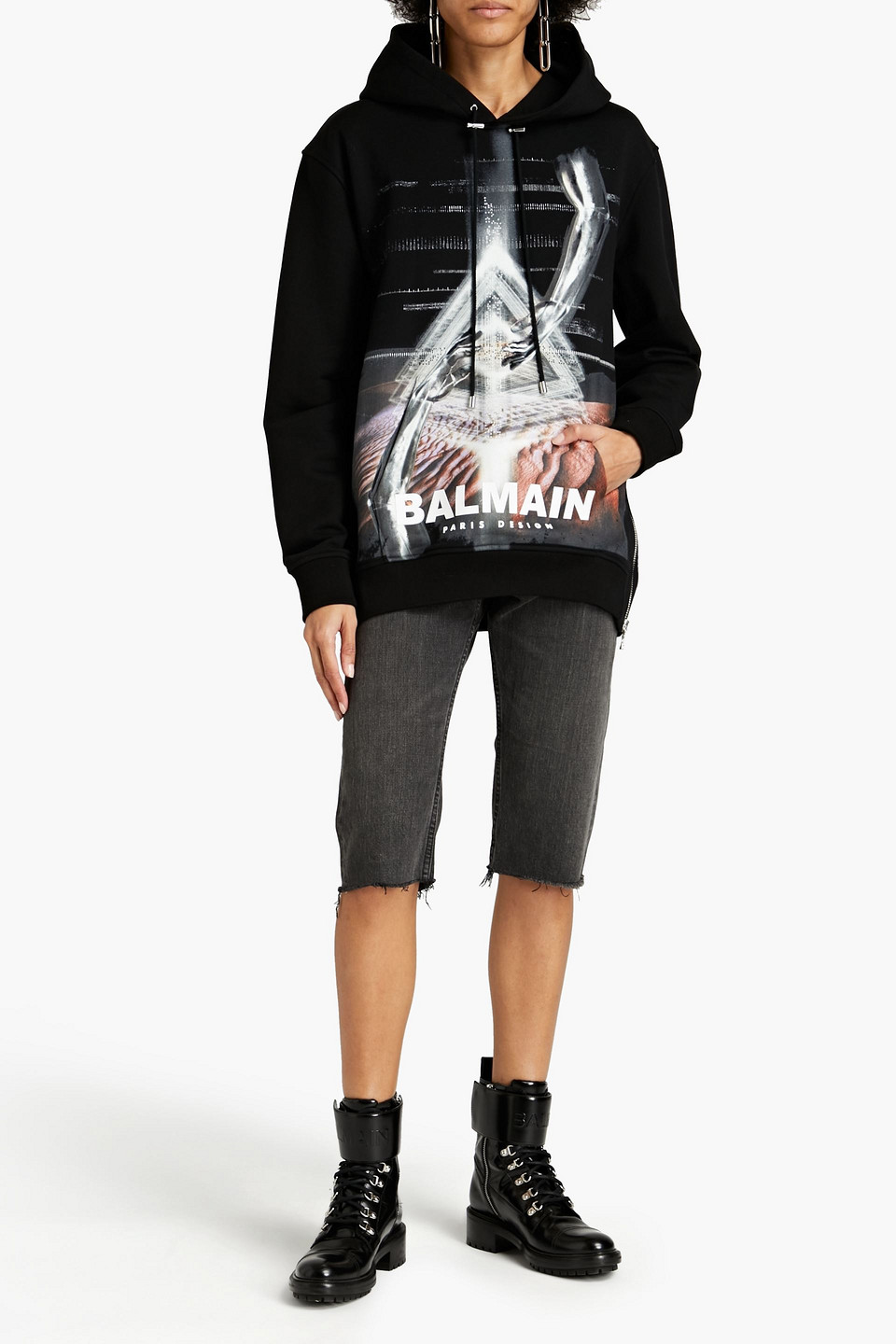 Balmain Printed French Cotton-terry Hoodie In Black