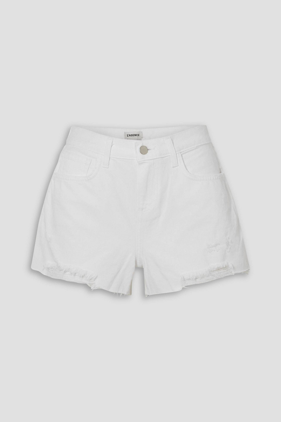 Shop L Agence Audrey Distressed Denim Shorts In White