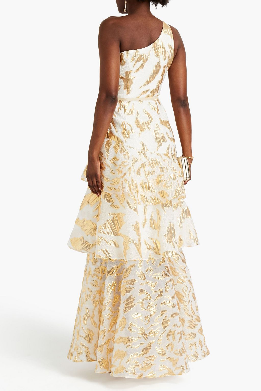 MARCHESA NOTTE One-shoulder tiered brocade gown