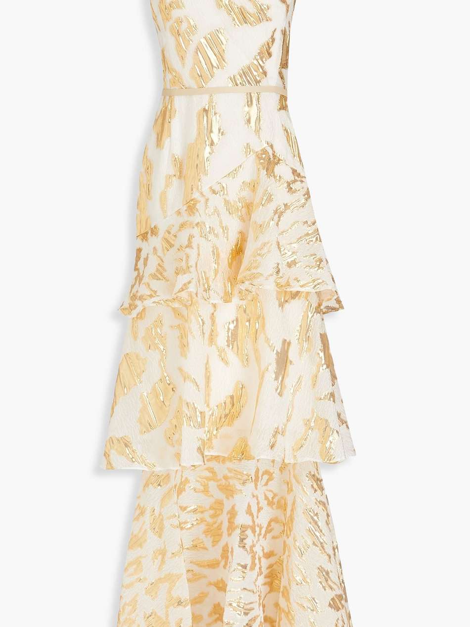 one-shoulder tiered brocade gown