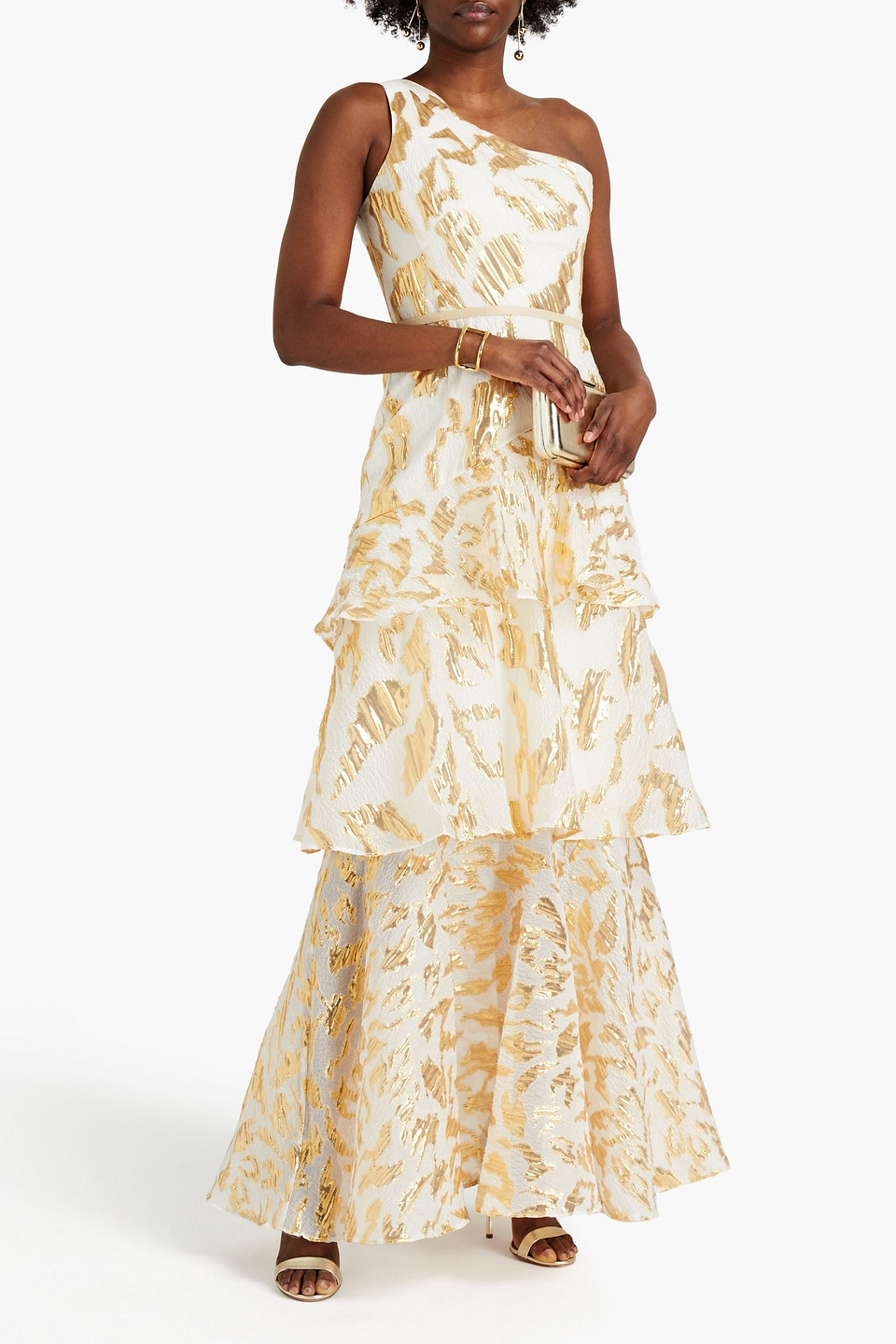 Shop Marchesa Notte One-shoulder Tiered Brocade Gown In Ivory