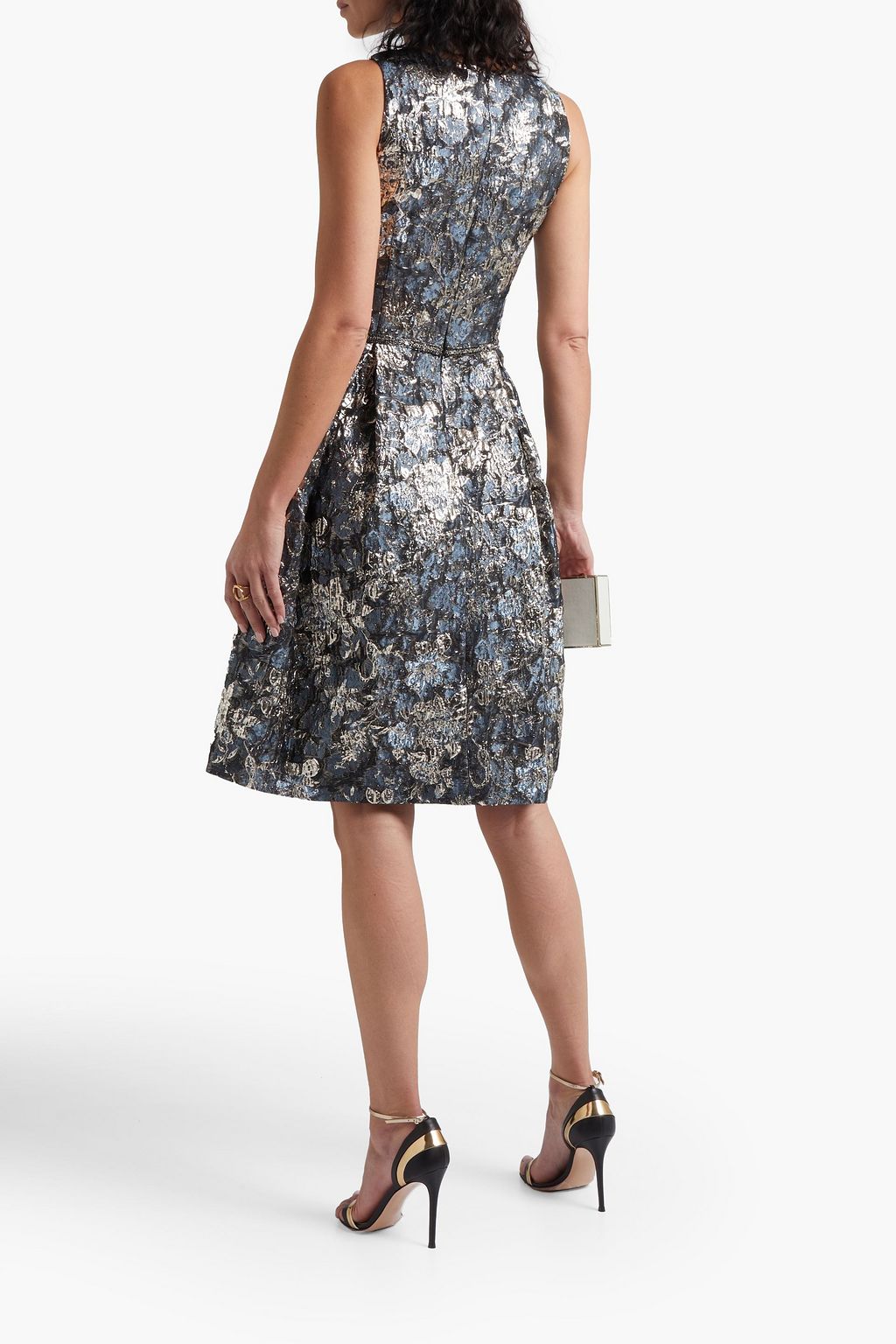 THEIA Tulle-paneled metallic brocade dress