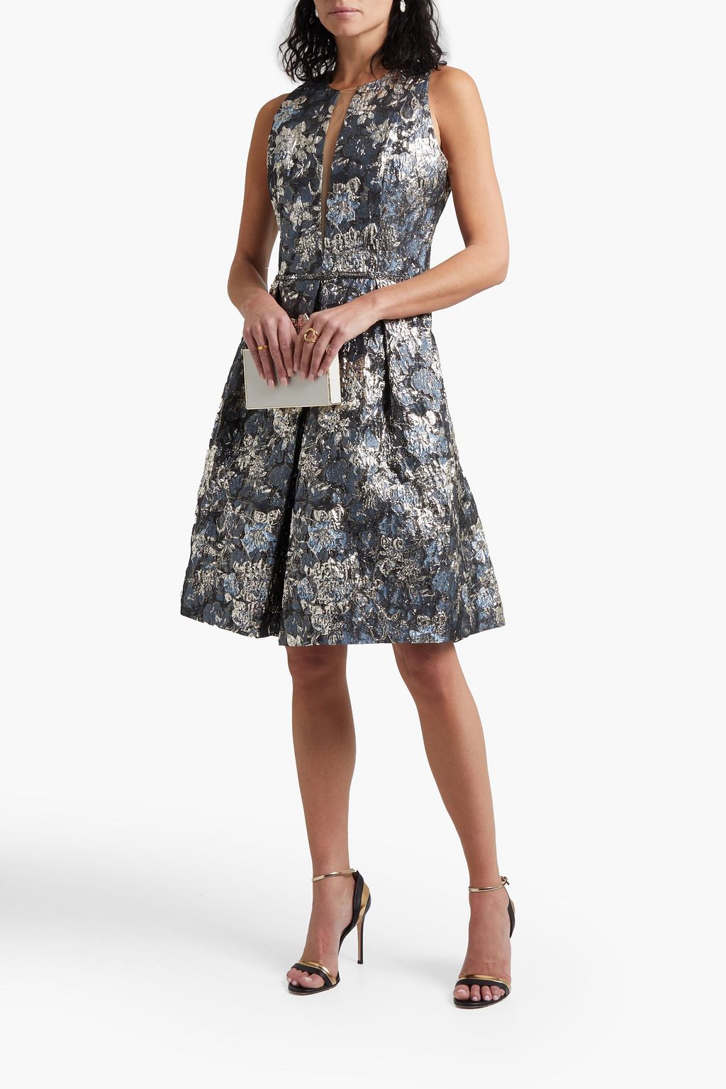 THEIA Tulle-paneled metallic brocade dress