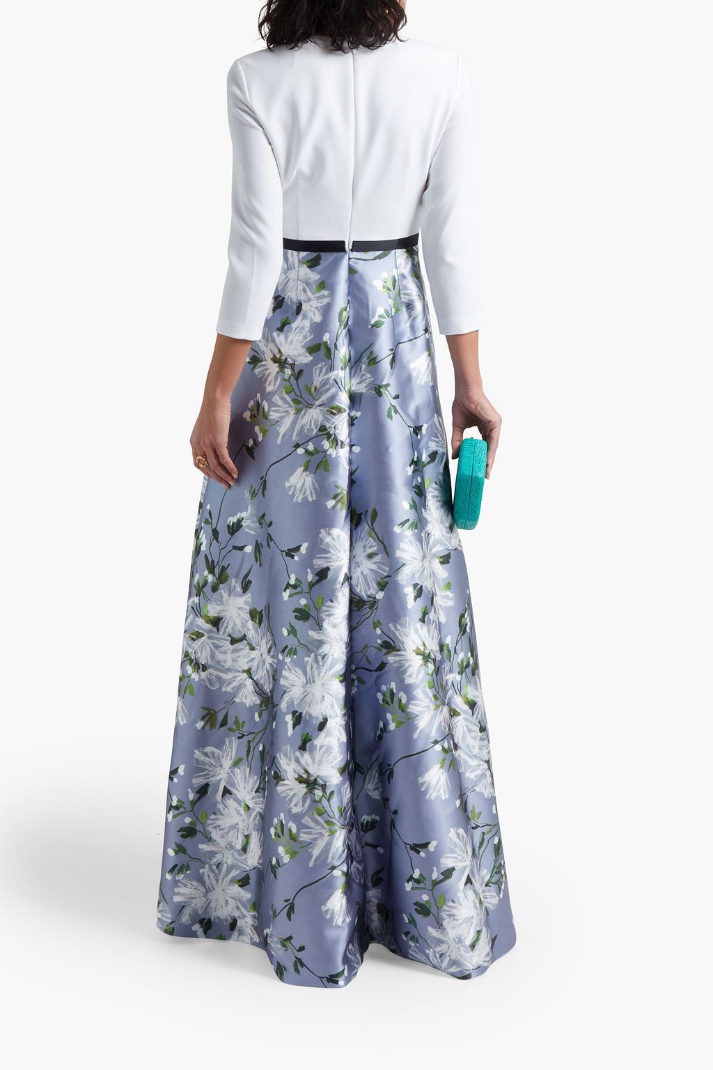 THEIA Belted floral-print satin-twill and crepe gown