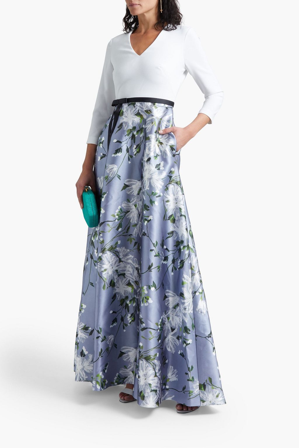 THEIA Belted floral-print satin-twill and crepe gown