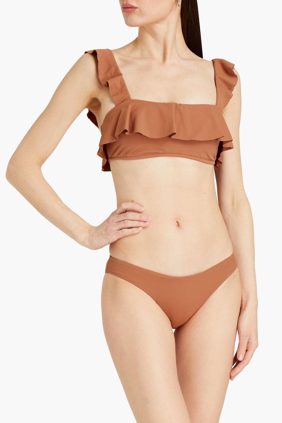 EBERJEY JANE RUFFLED STRETCH-PIQUÈ BANDEAU BIKINI TOP