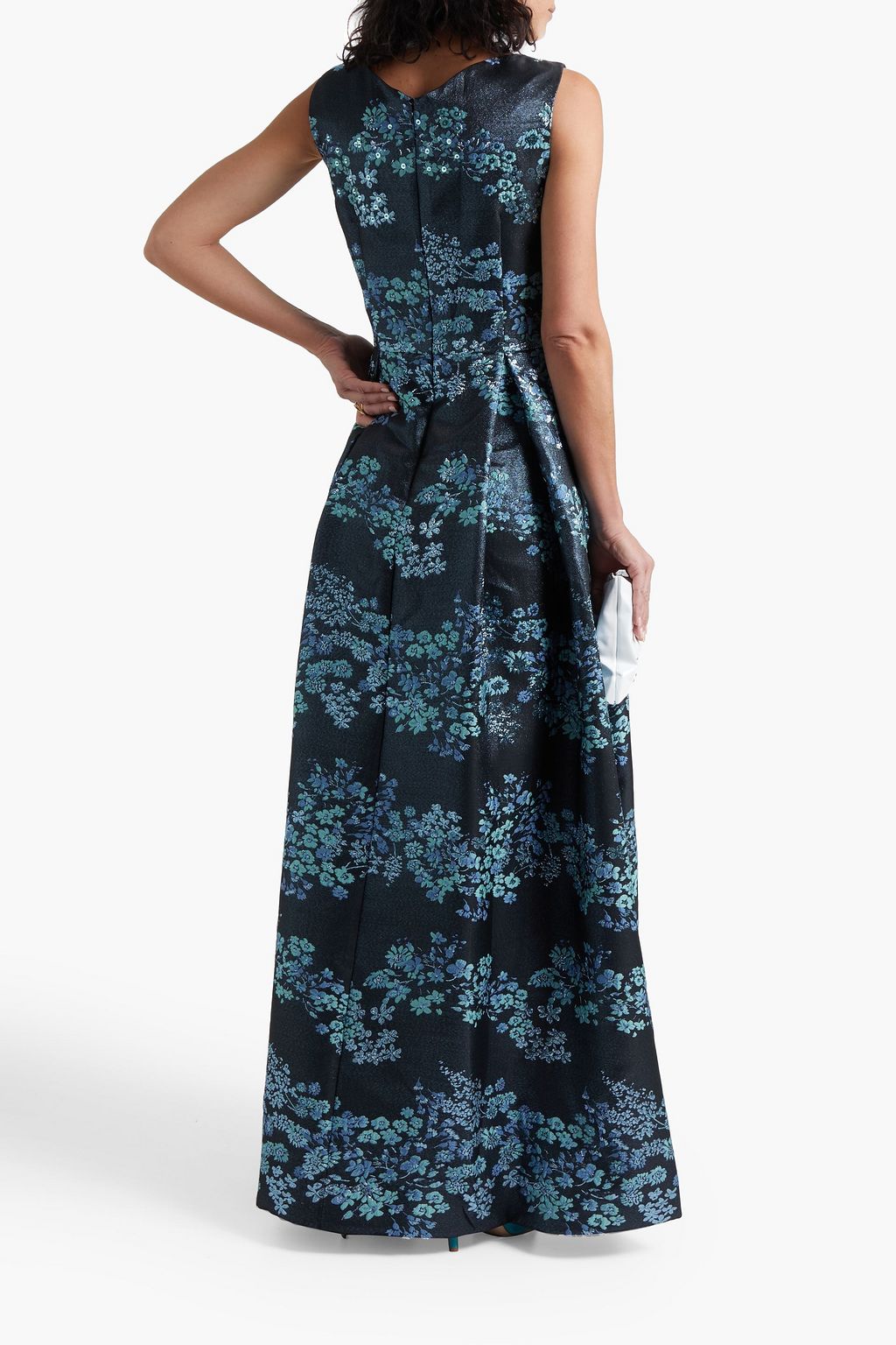 THEIA Sequin-embellished metallic floral-jacquard gown