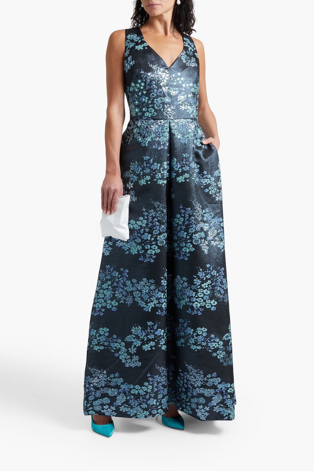 THEIA Sequin-embellished metallic floral-jacquard gown