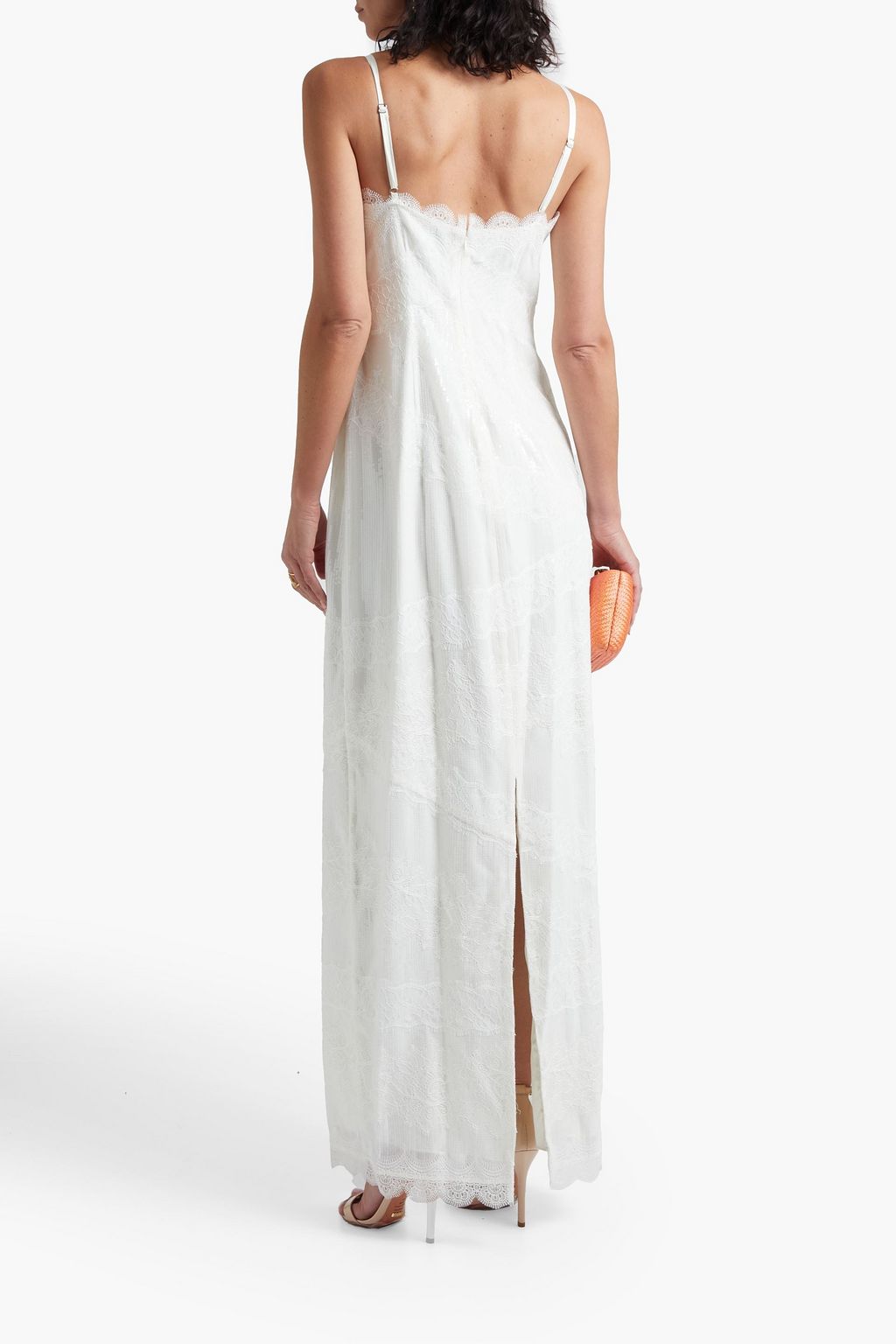 THEIA Sequined-embellished tulle and lace-paneled crepe de chine gown