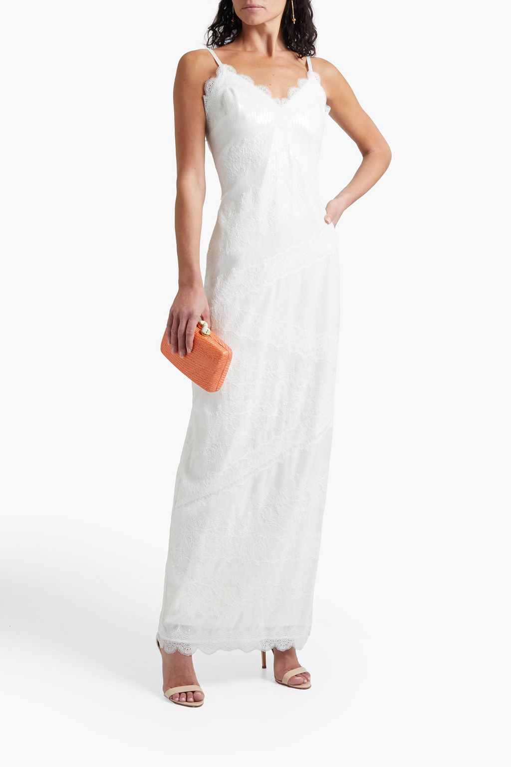 THEIA Sequined-embellished tulle and lace-paneled crepe de chine gown