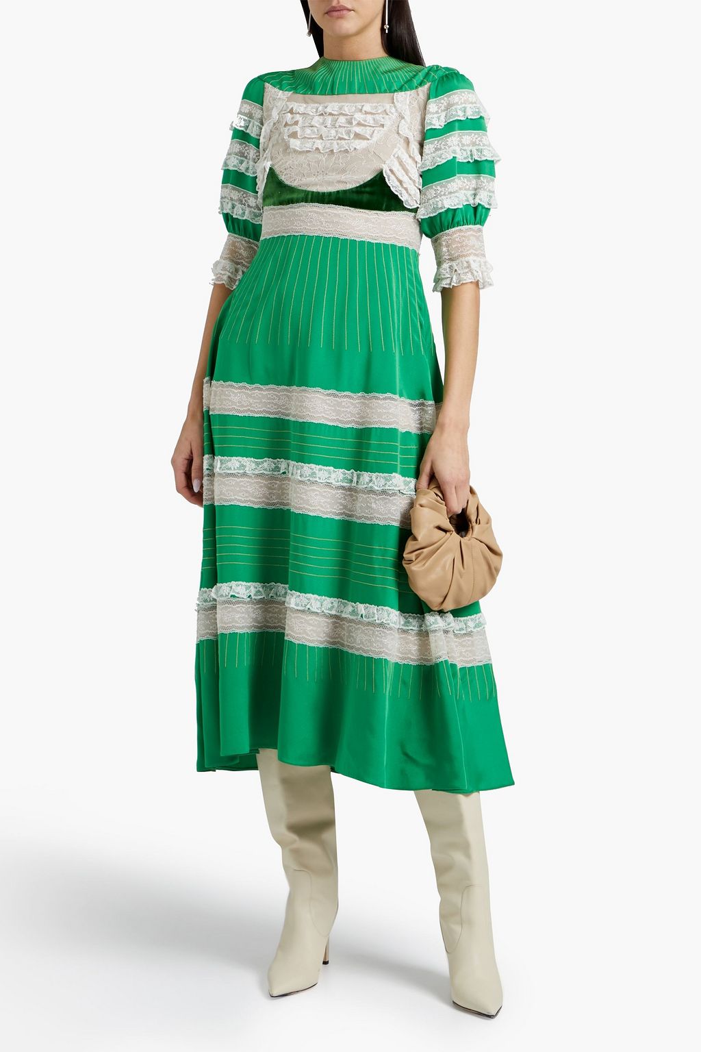 VALENTINO GARAVANI ラッフル付き チュール&ベルベットパネル シルクツイル ワンピース