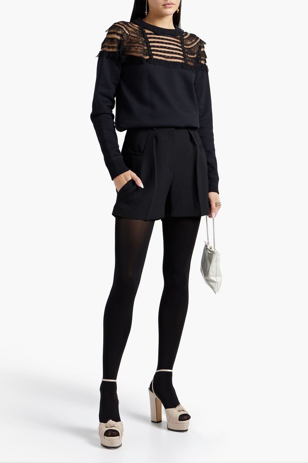 VALENTINO GARAVANI Bead-embellished chantilly lace-paneled French cotton terry-blend sweater