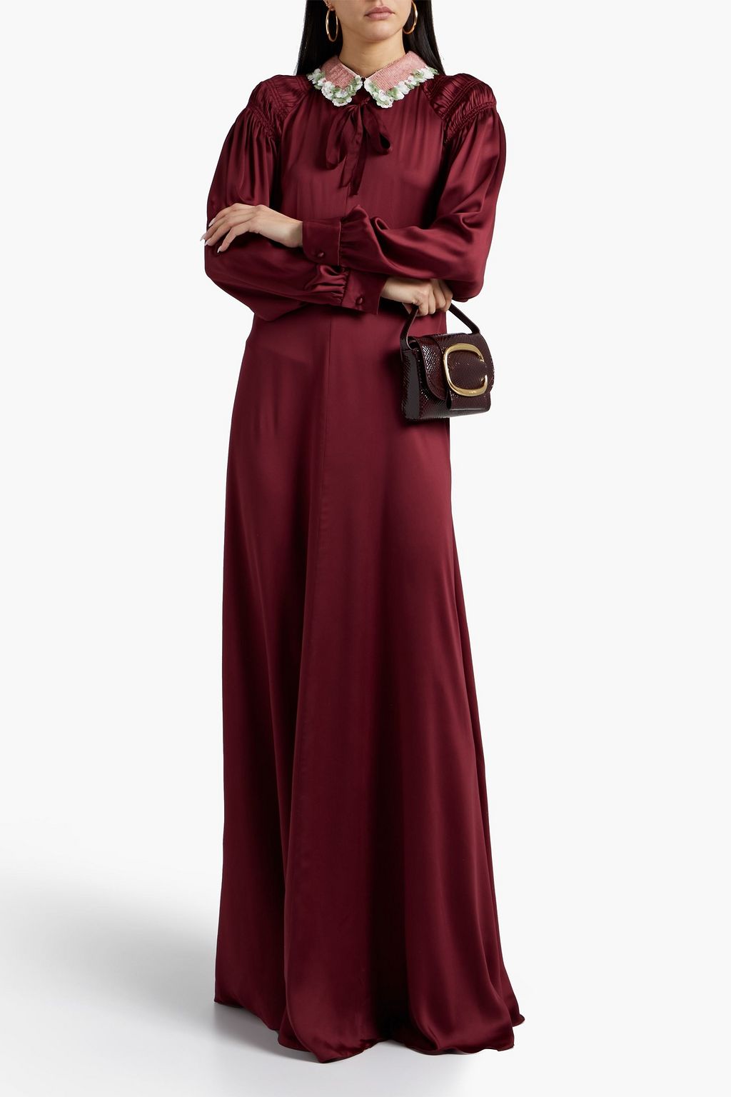 VALENTINO GARAVANI Tie-neck smocked silk-satin maxi dress