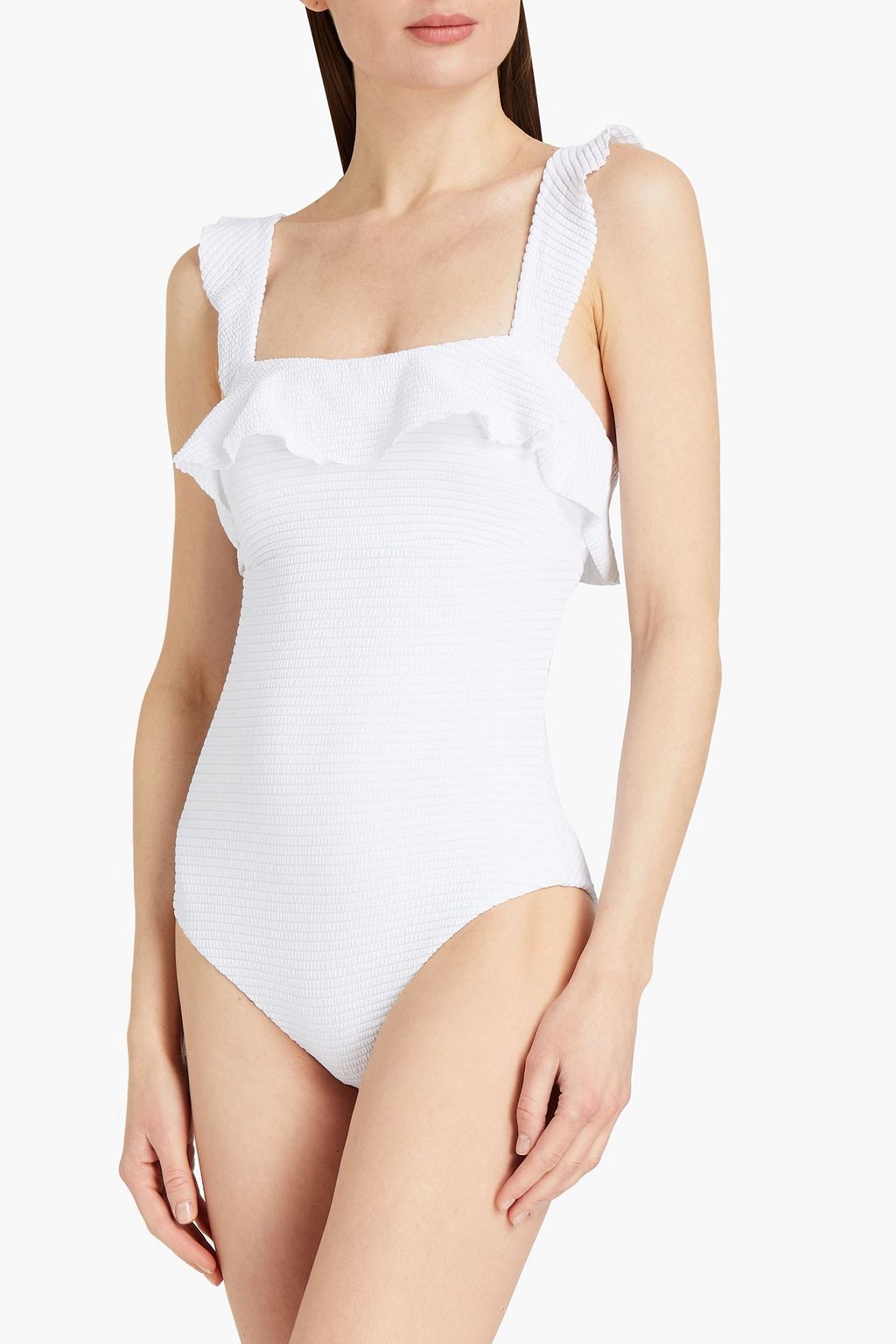 EBERJEY Waves Jane ruffled stretch-seersucker swimsuit