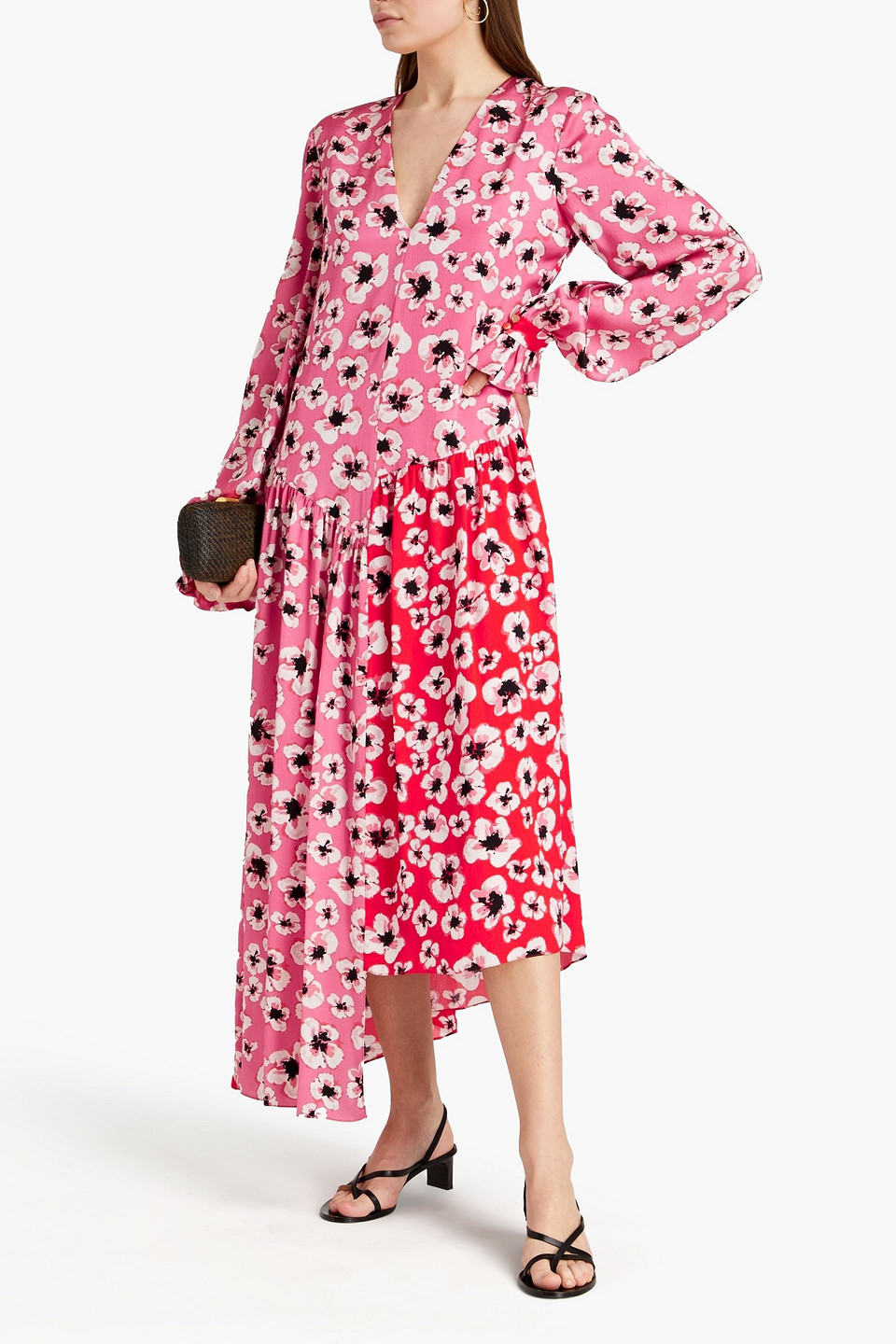 Borgo De Nor Gia Floral-print Hammered Silk-satin Midi Dress In Red