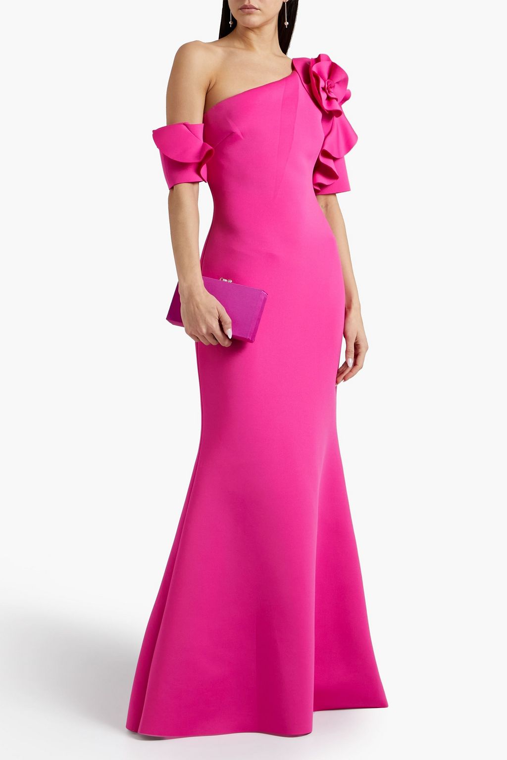 BADGLEY MISCHKA Fluted floral-appliquéd stretch-ponte gown