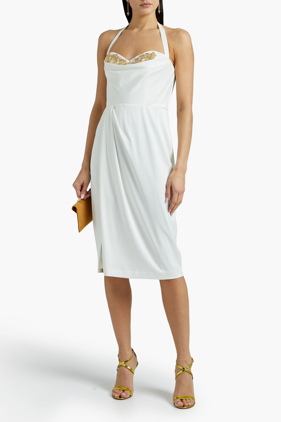 Marchesa Notte Embellished Draped Pleated Crepe Halterneck Dress In Ivory