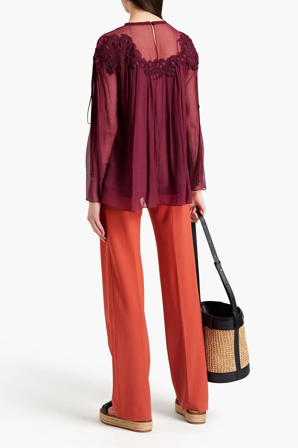 CHLOÉ Guipure lace-trimmed silk-georgette blouse