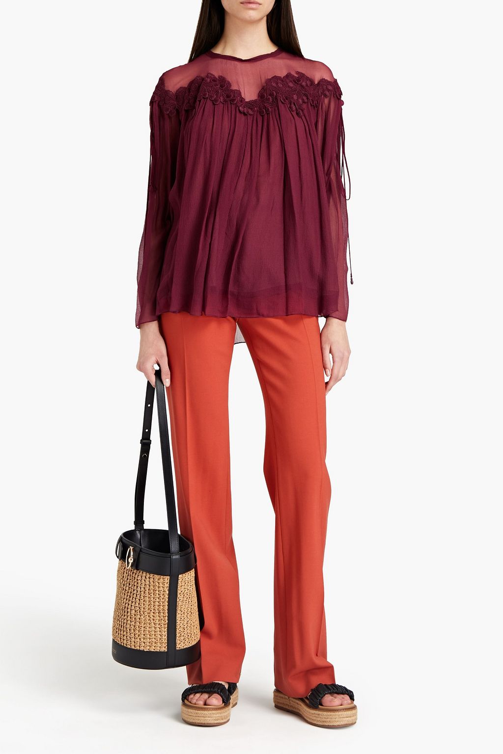 CHLOÉ Guipure lace-trimmed silk-georgette blouse