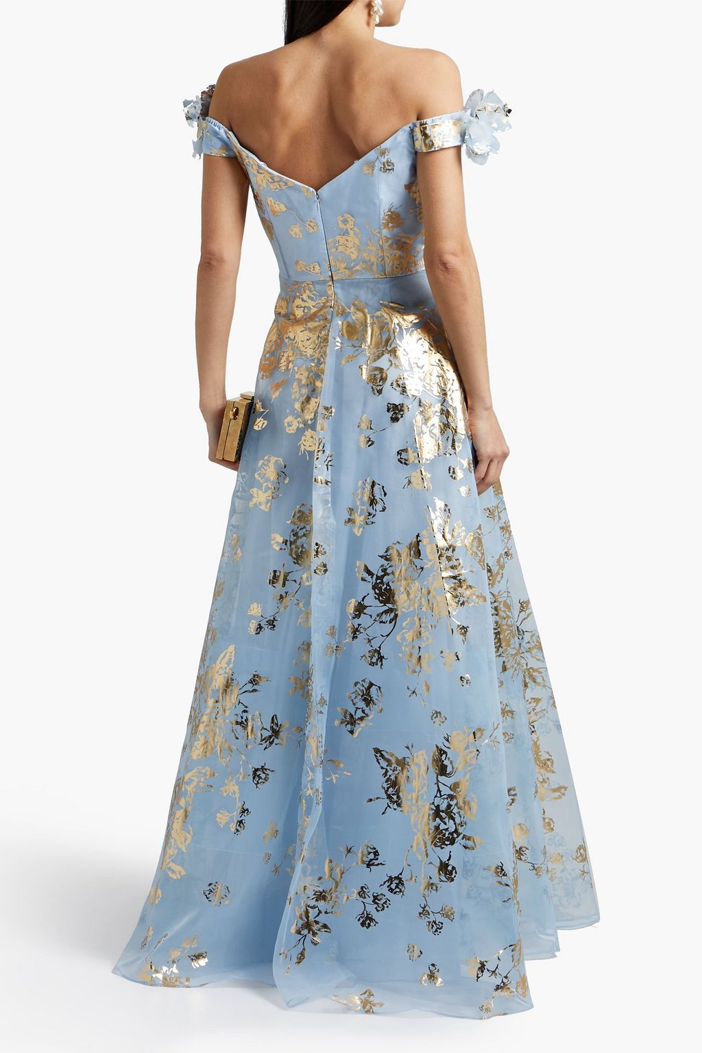 MARCHESA NOTTE Off-the-shoulder floral-appliquéd printed organza gown