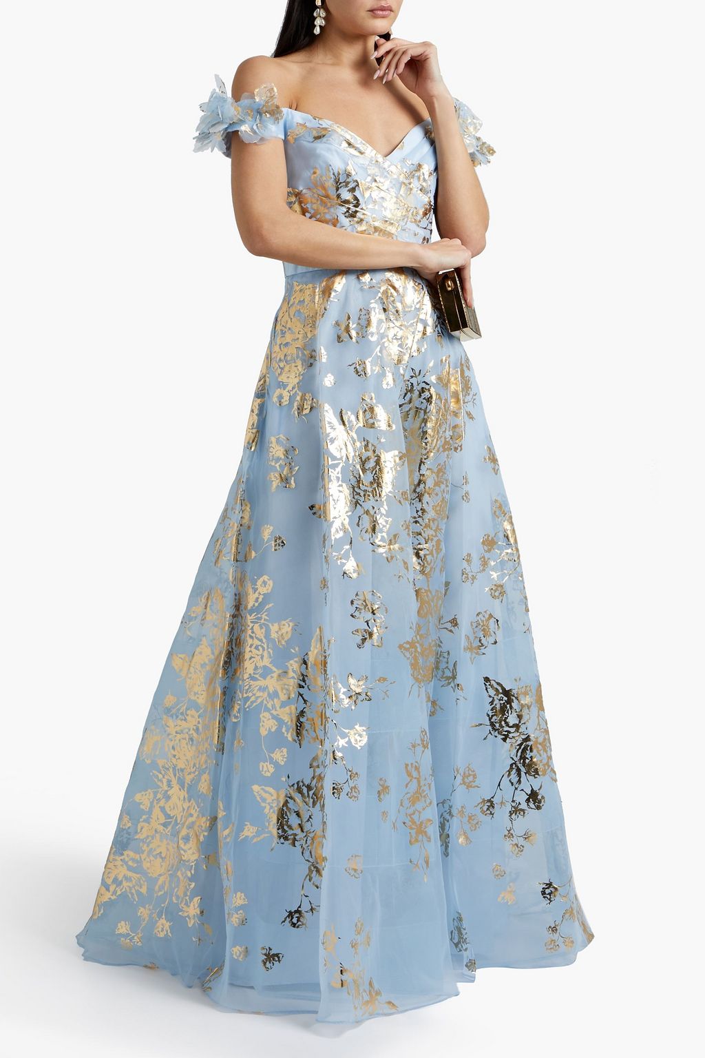 MARCHESA NOTTE Off-the-shoulder floral-appliquéd printed organza gown