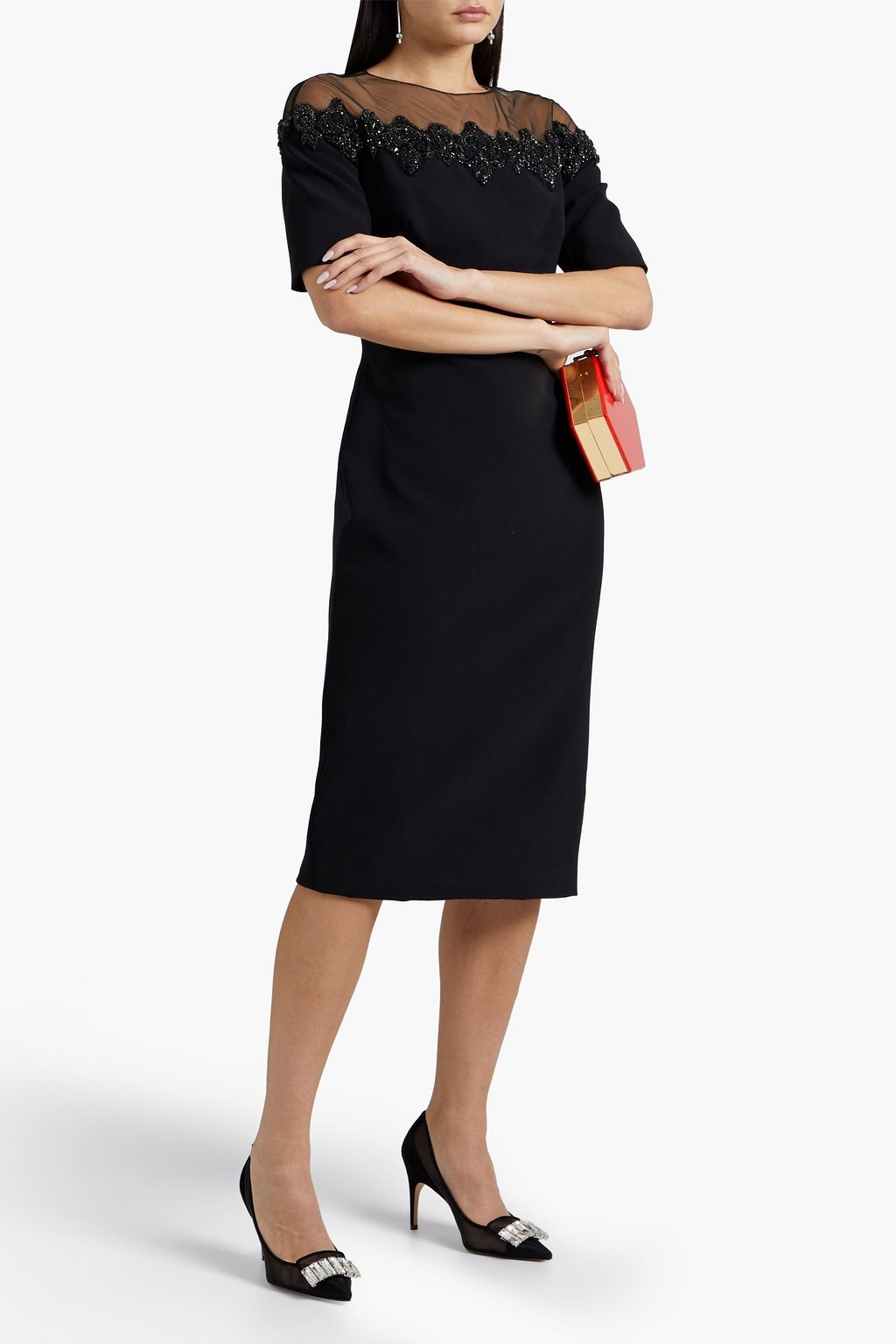 THEIA Embellished tulle-paneled cady dress