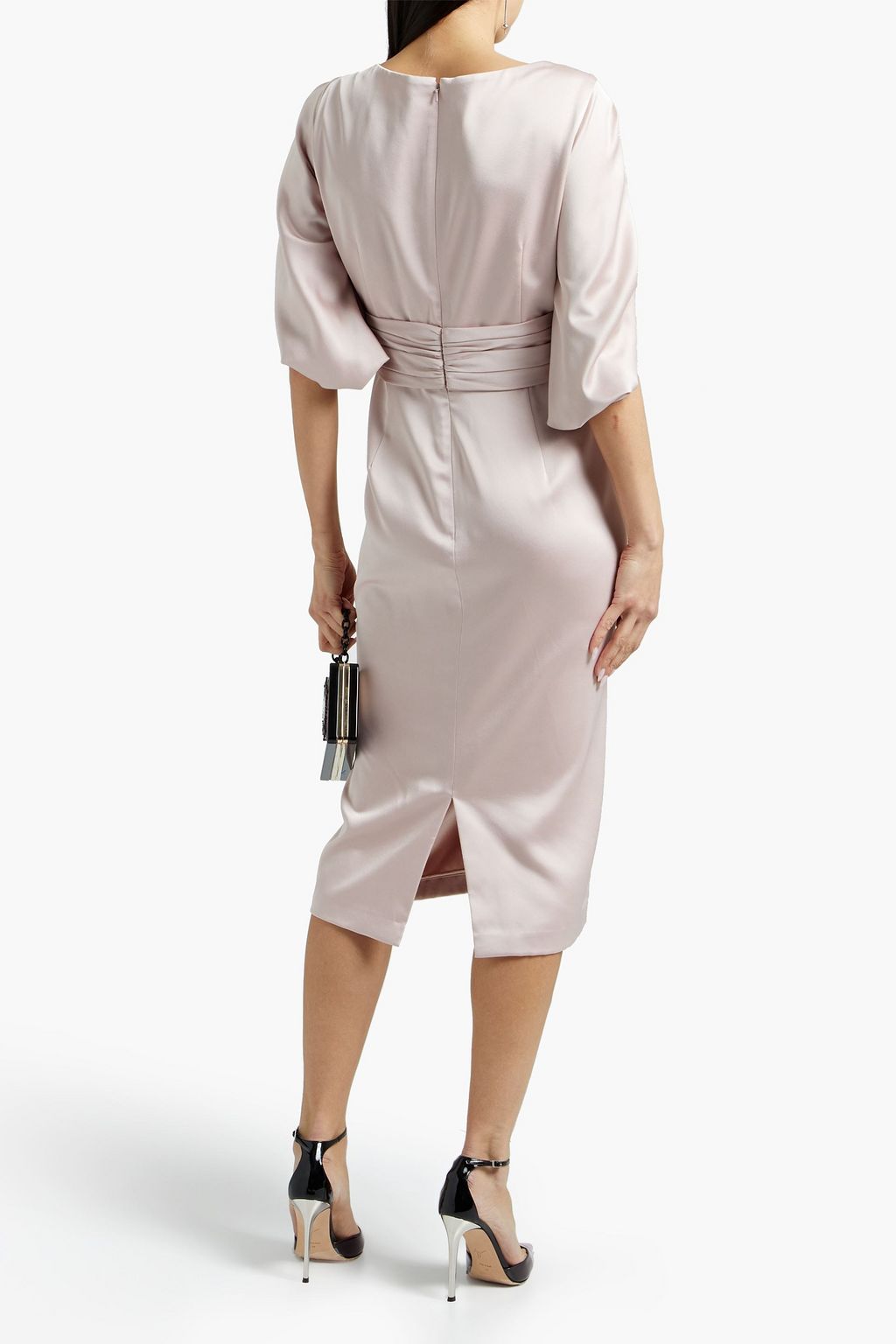 THEIA Belted pleated satin-crepe dress