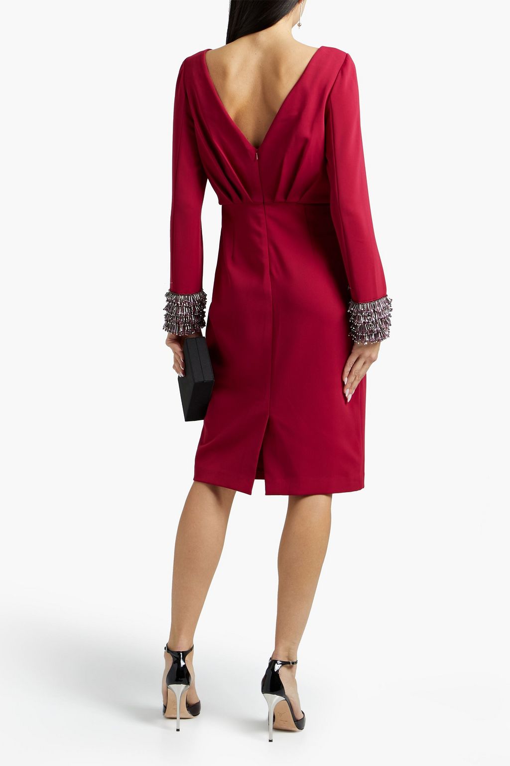 BADGLEY MISCHKA Bead and crystal-embellished pleated stretch-crepe dress