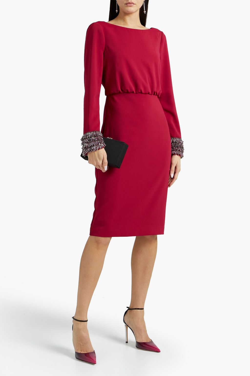 BADGLEY MISCHKA Bead and crystal-embellished pleated stretch-crepe dress