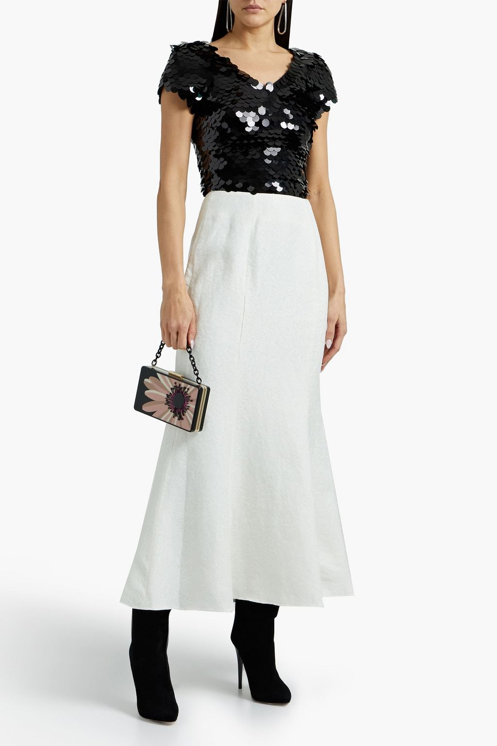 THEIA Fluted floral-jacquard midi skirt