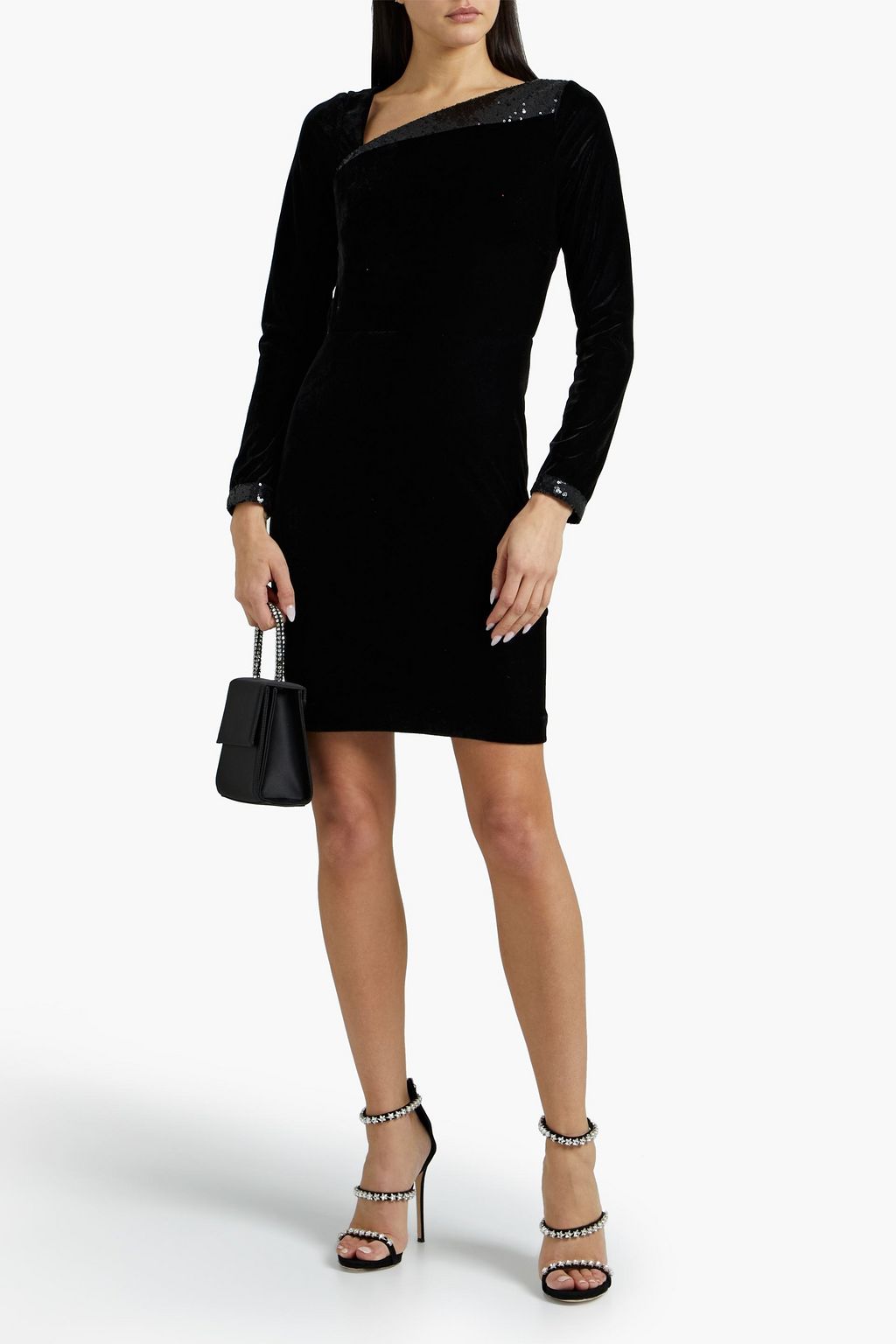 THEIA Open-back sequined-paneled velvet mini dress