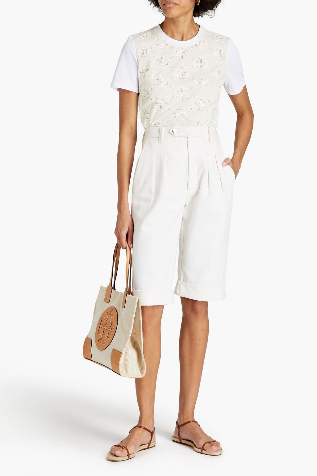 TORY BURCH Broderie anglaise-paneled cotton-jersey T-shirt