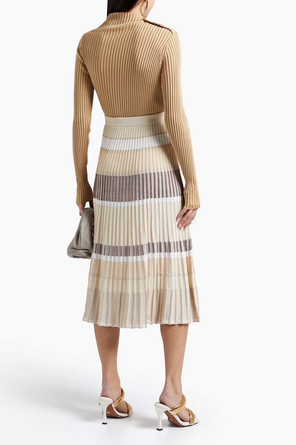 PROENZA SCHOULER تنورة متوسطة الطول من الجاكار محاكة مضلّعة ومخطّطة بلون ميتاليك