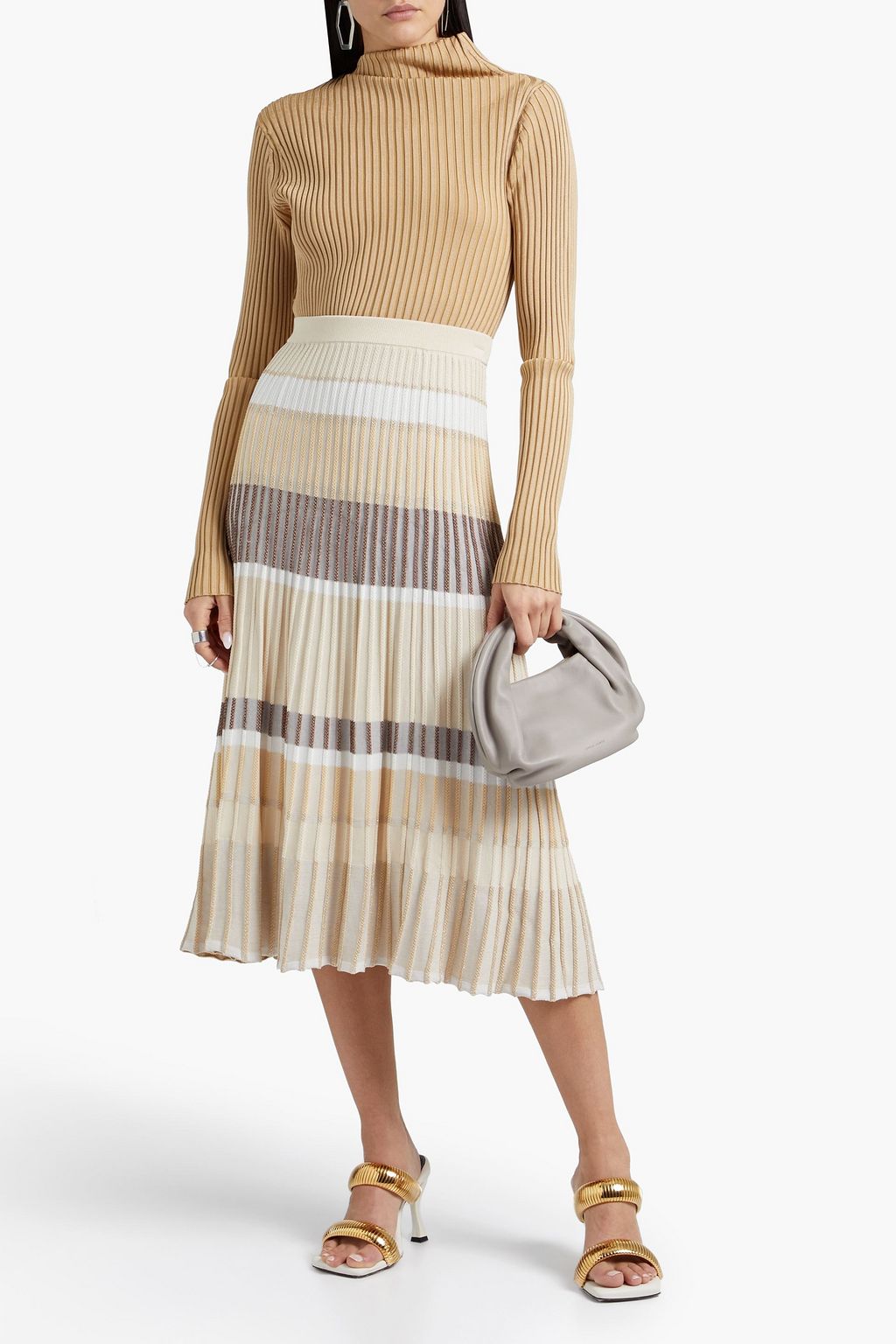 PROENZA SCHOULER تنورة متوسطة الطول من الجاكار محاكة مضلّعة ومخطّطة بلون ميتاليك