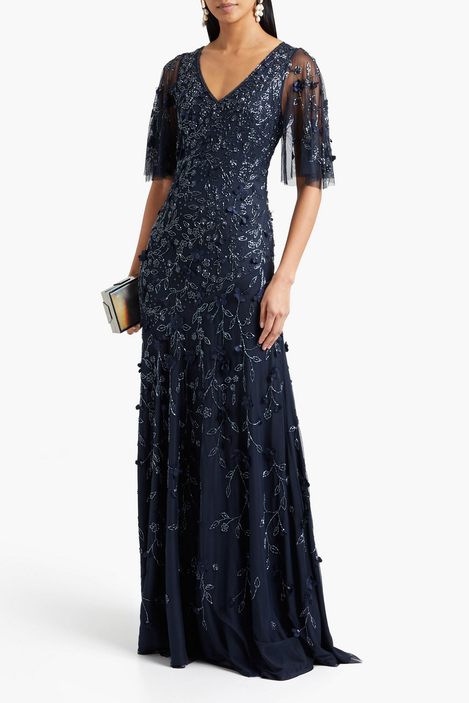 Theia Embellished Tulle Gown In Navy ModeSens