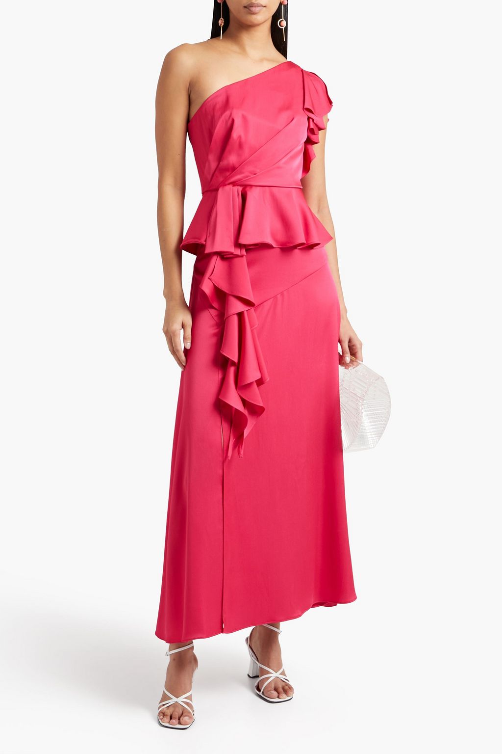 THEIA One-shoulder draped ruffled satin-crepe peplum top