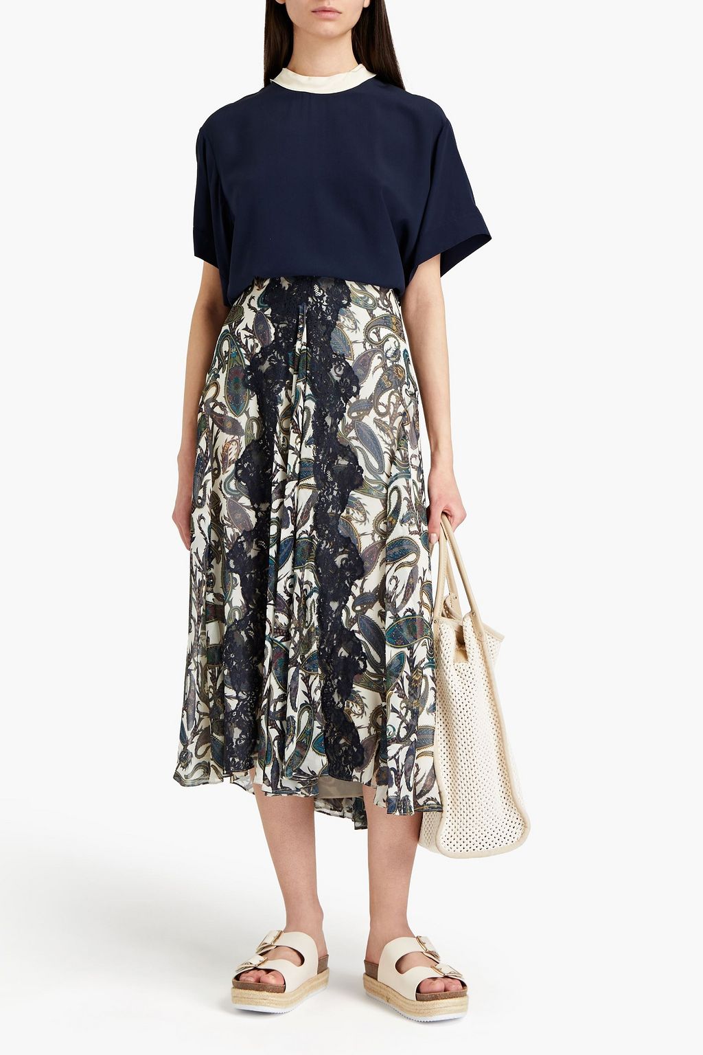 CHLOÉ Lace-trimmed paisley-print silk-voile midi skirt