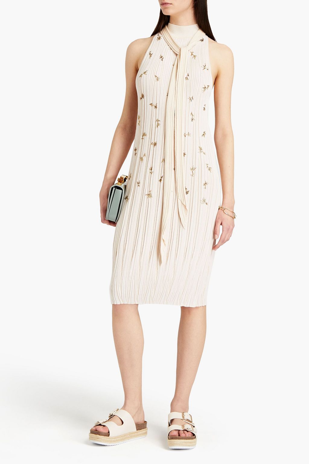 CHLOÉ Embellished ribbed silk and cotton-blend dress