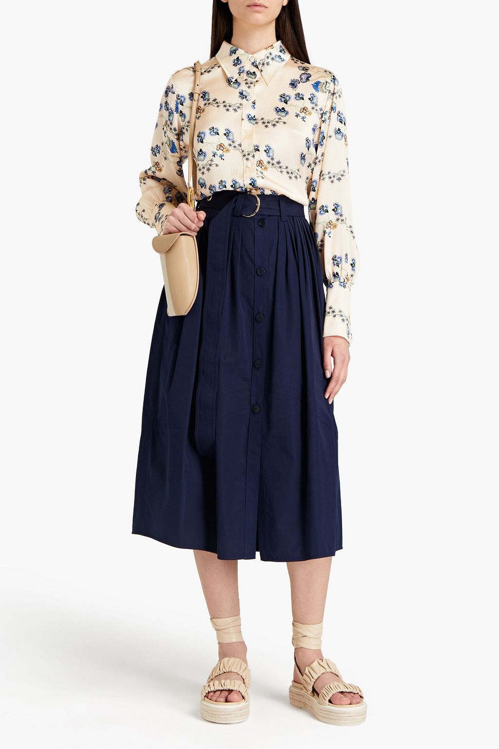 CHLOÉ Pleated belted cotton-poplin midi skirt