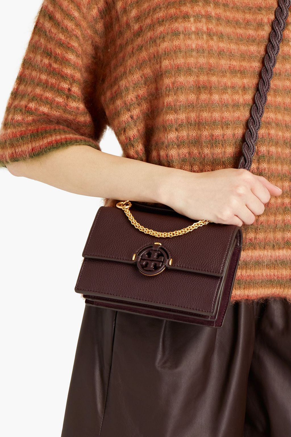 TORY BURCH Chain-trimmed pebbled-leather shoulder bag