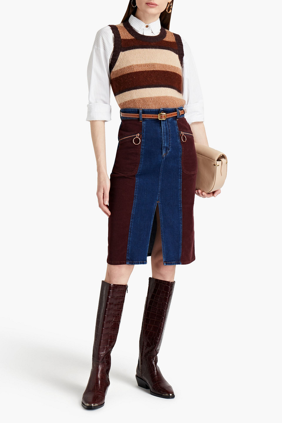 See By Chloé Corduroy-paneled Denim Skirt In Blue