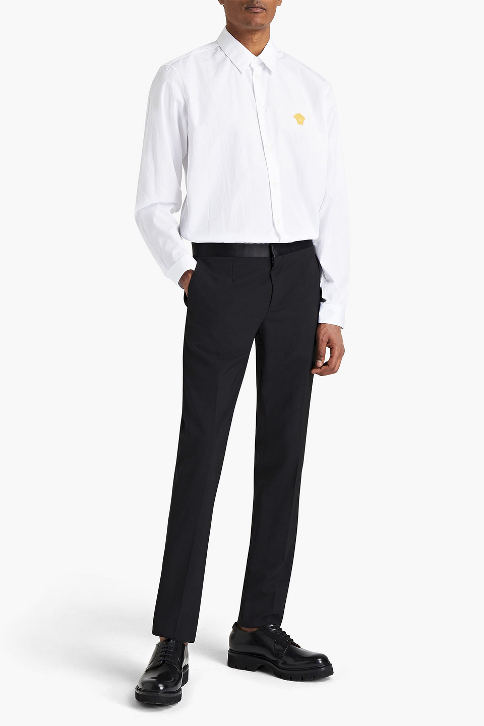 Versace Man Tapered Satin-trimmed Wool-crepe Trousers