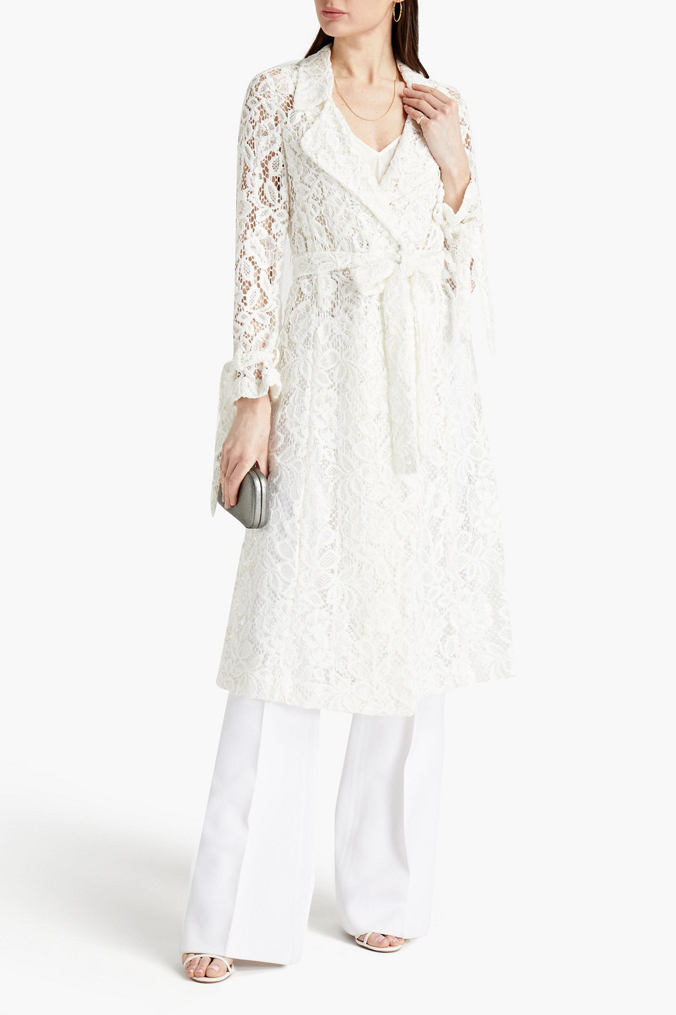 Alexis Draymond Belted Corded Lace Dressing Gown In Ivory