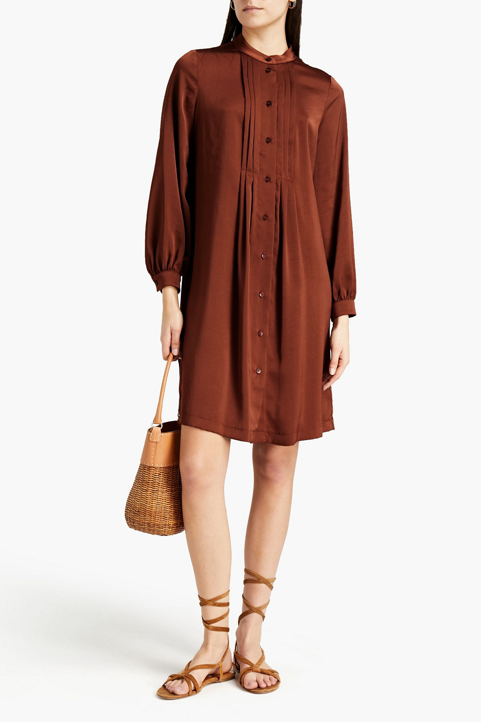 See By Chloé Pleated Satin Dress In Brown