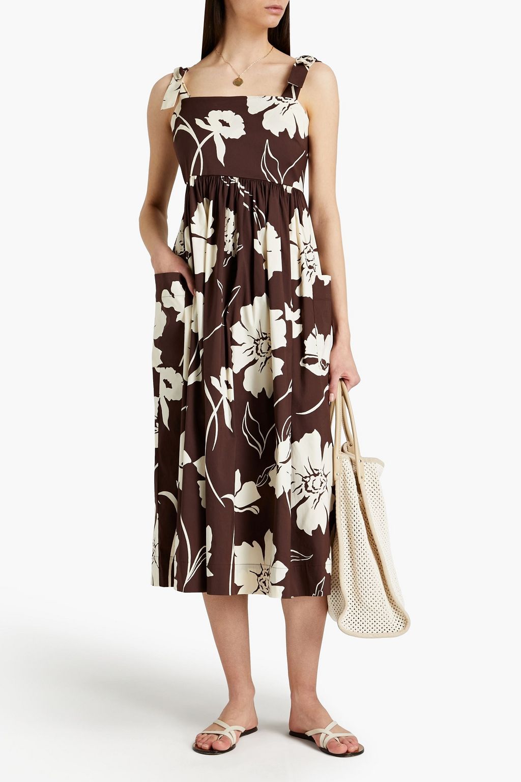 TORY BURCH Gathered printed cotton-poplin midi dress