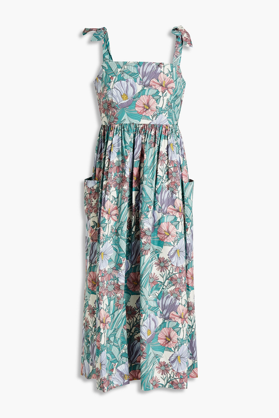 Tory Burch Gathered Floral-print Cotton-blend Poplin Midi Dress In Blue