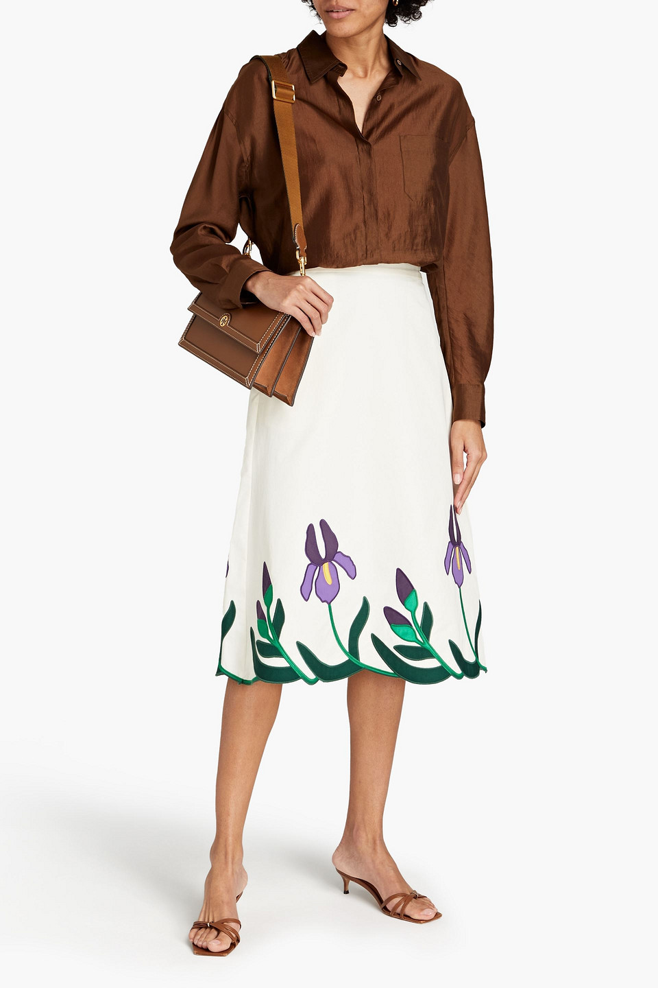 Tory Burch Embroidered Cotton-poplin Midi Skirt In Brown