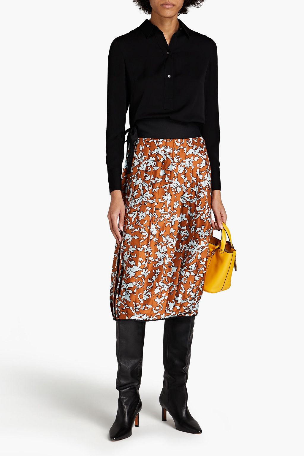 TORY BURCH Pleated floral-print silk-twill midi wrap skirt