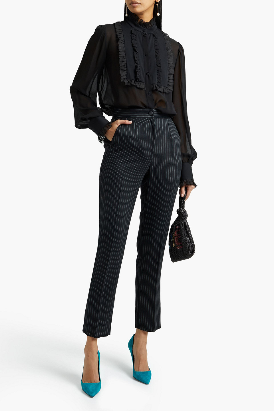 Dolce & Gabbana Striped Wool-blend Tapered Trousers In Black