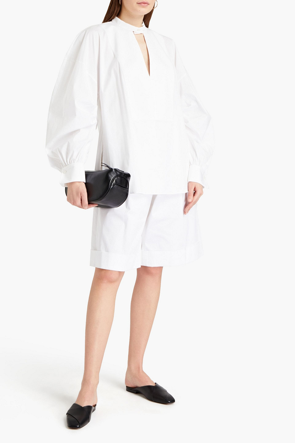 Oscar De La Renta Cotton Poplin Split Neck Blouse In White